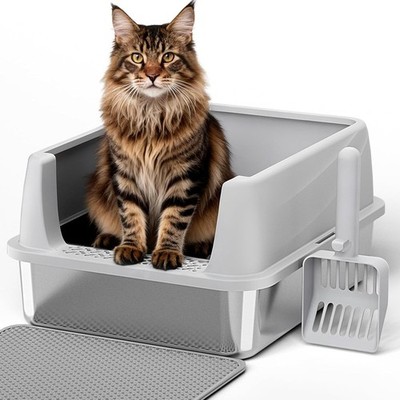 Extra Large Stainless Steel Cat Litter Box with Lid, High Sided, Includes Mat &