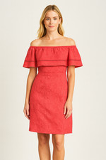 Badgley Mischka Brocade Jacquard Red Off Shoulder Dress sz 4 Sample Sale