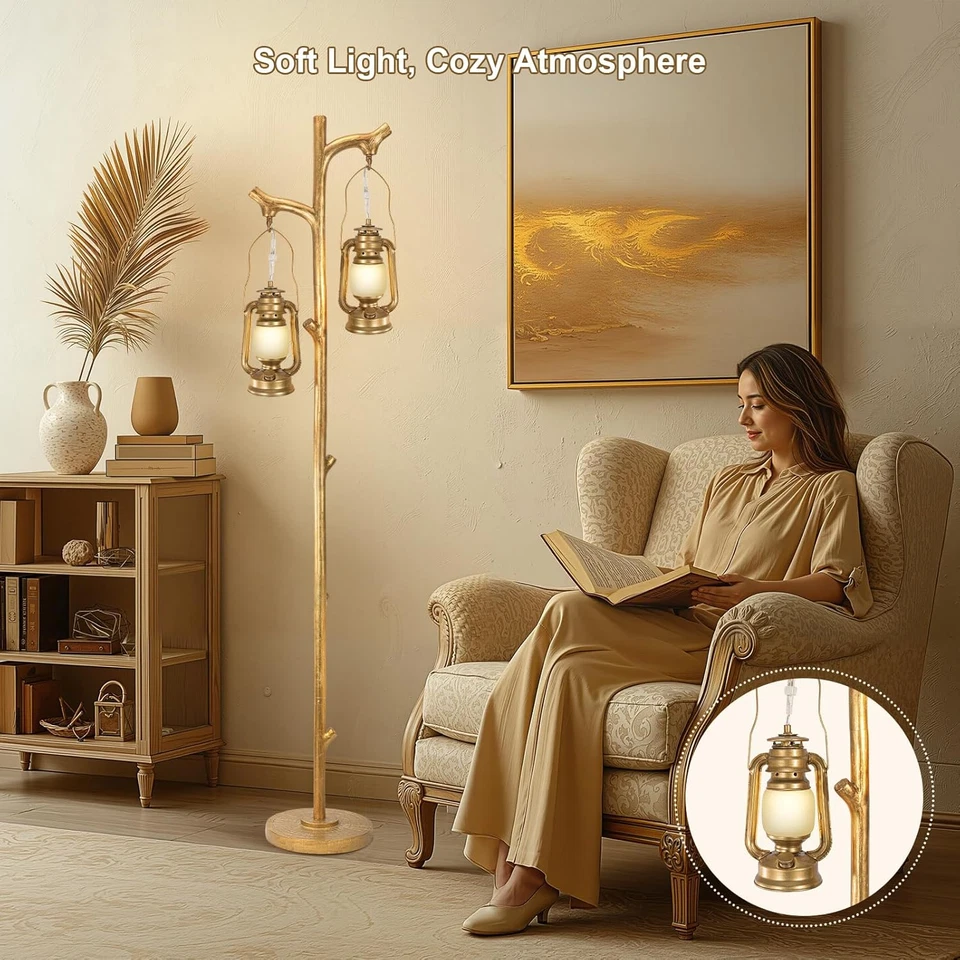 "Lámpara de pie de 68"" de alto con linternas, lámpara de pie dorada acabado tronco de árbol, regulable" Foto 2 de 4