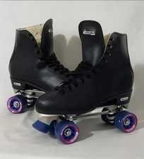 Vintage Chicago Black Leather Quad Roller Skates Metal Base Cowhide US 12 EU 46