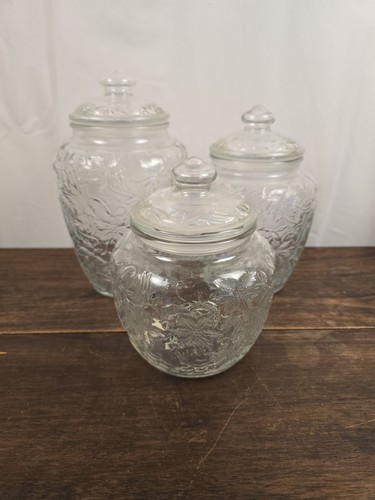 VTG 3 Princess House "Fantasia" Clear Crystal Glass Canisters Poinsettia /Lids