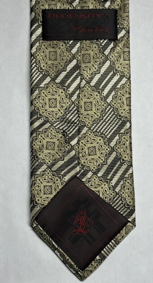 Corbata de alta densidad, 100 % seda, hecha a mano, dorada y negra, geométrica y a rayas Foto 3 de 4