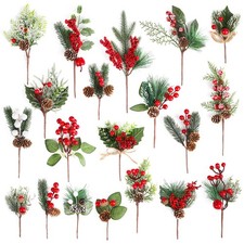 CCINEE 20 Pack Artificial Christmas Red Berry Picks Assorted Pine Multi Color