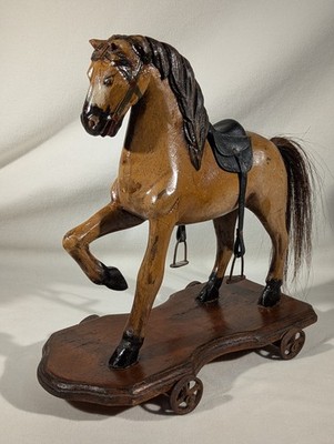 Antique Primitive Folk ART Carved Wooden Horse Pull Toy Horse On Wheels ...