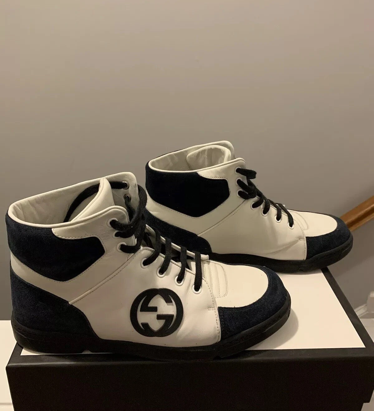 Baskets montantes homme GUCCI GG logo blanc/bleu cuir/suède pointure 7,5 GS