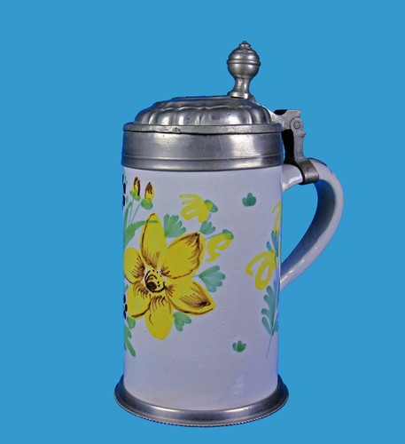 Schrezheim seltener Fayencekrug mit Blütenbemalung um 1780 orig. Zinnmontierung - Bild 1 von 12