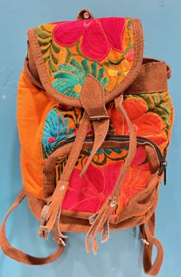Mexican Orange Fabric & Brown Suede Embroidered Floral  display picture 3