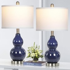 Double Gourd Ceramic Table Lamps Set of 2, Modern Navy Blue Bedside Lamps for...