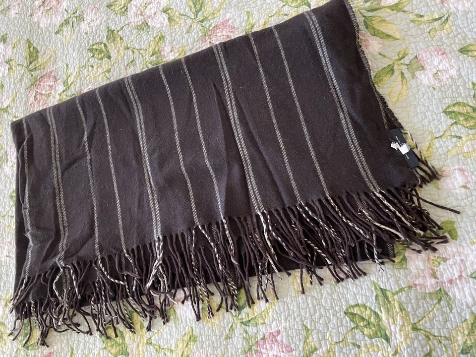 Thomas O'Brien Cashmere Wool Throw Blanket Brown Striped Fringed size 54"x56" - Image 4 of 4