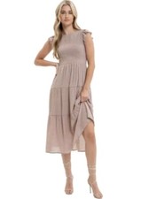 Blu Pepper Women's Smocked Ruffle Sleeve Tiered Lined Midi Dress Tan Size M NWT