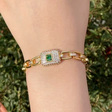 Green Adjustable Yellow Gold Plated CZ Women Square Cuban Link Chain Bracelet