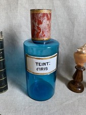 Pot à pharmacie en verre bleu étiquette porcelaine.RARE