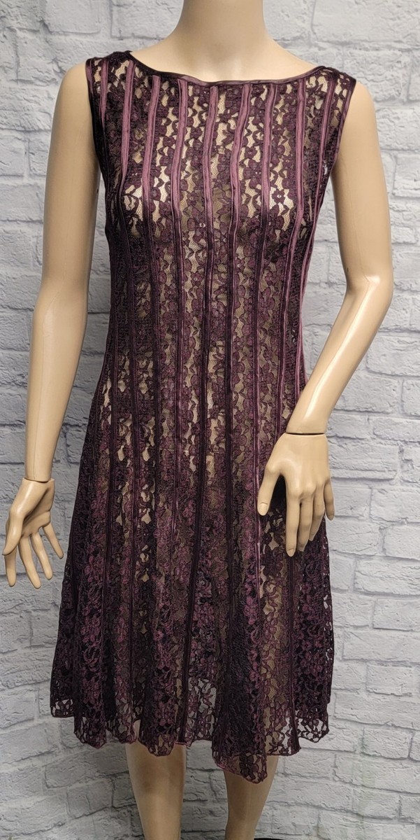 NWT SLNY 8 FIG DEEP PURPLE FLORAL LACE SATIN PIPING FIT