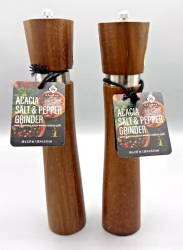 Gourmet Kitchen Acacia Wooden Salt & Pepper Grinder Set New W/Tags