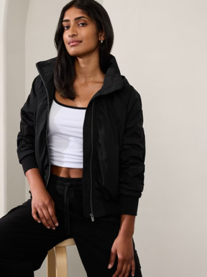 Athleta L LARGE Jetset Bomber Jacket, Black Windbreaker Short Rain