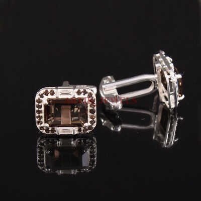 Natural Smoky Quartz Gemstone with 925 Sterling Silver Cufflink #3610