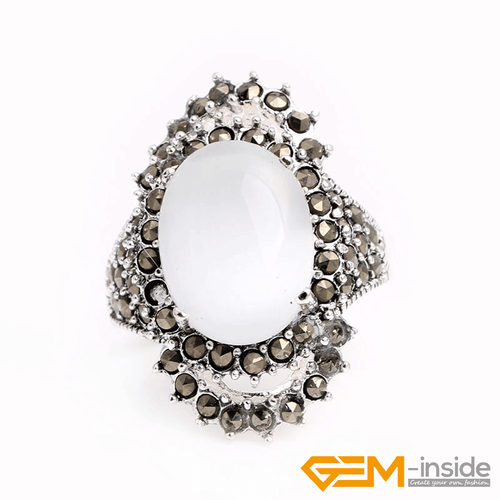 Natural Oval Gemstone Marquis Marcasite Beads Silver Jewelry Ring Size #6#8 Gift - Picture 39 of 55