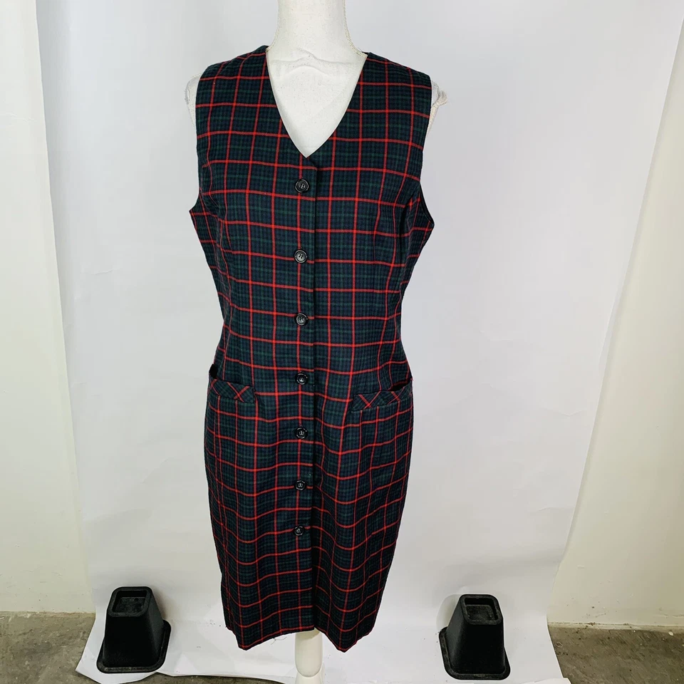 Vestido De Colección Karen Scott Mujer Talla 10 Cuadros Botón Frontal Bolsillos Escolares Forrado Foto 2 de 4