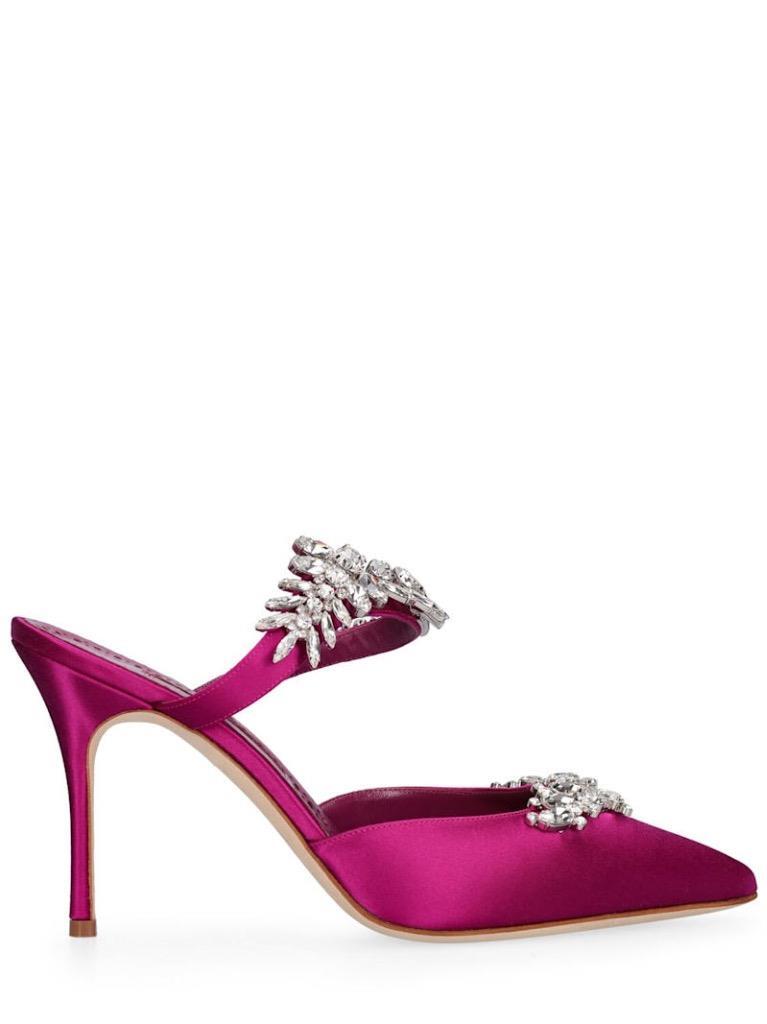 Manolo Blahnik 'Lurum' Fuchsia Satin Jeweled Leaf Mule SZ