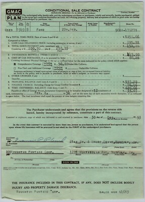 vintage conditional sale contract for 1949 Ford 2dr sedan in 1954