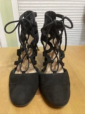 Christian Siriano Payless Black Suede Tie Up Block Heels Shoes 7M Hoco Worn Once