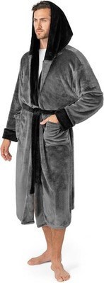 Mens Hooded Fleece Bathrobe - Plush Long Warm Robe for Bath & Spa