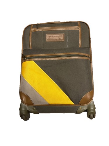 Tommy Hilfiger Rolling Spinner Suitcase Olive Green Yellow Stripe Vintage