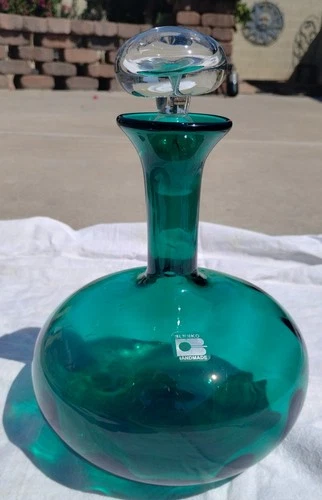 NR! BLENKO Hand-Blown Aquamarine or Teal Glass Decanter #873 NO RES! 10.5" x 7"