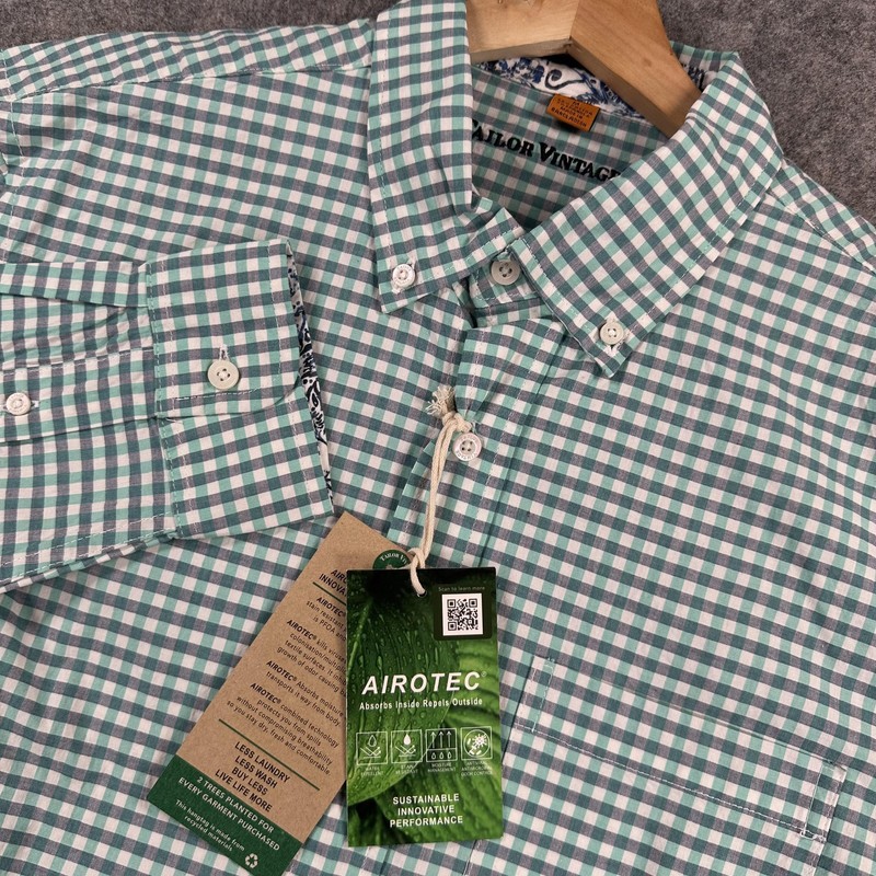 Tailor Vintage Shirt Mens Medium Blue Green Gingham Button Down AIROTEC Stretch