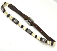 Tony Lama Vintage Concho Bone Beaded Brown Leather Native Western Belt 34