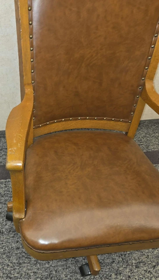 vintage Sikes wood and leather office chair With Wheels - Image 4 of 4