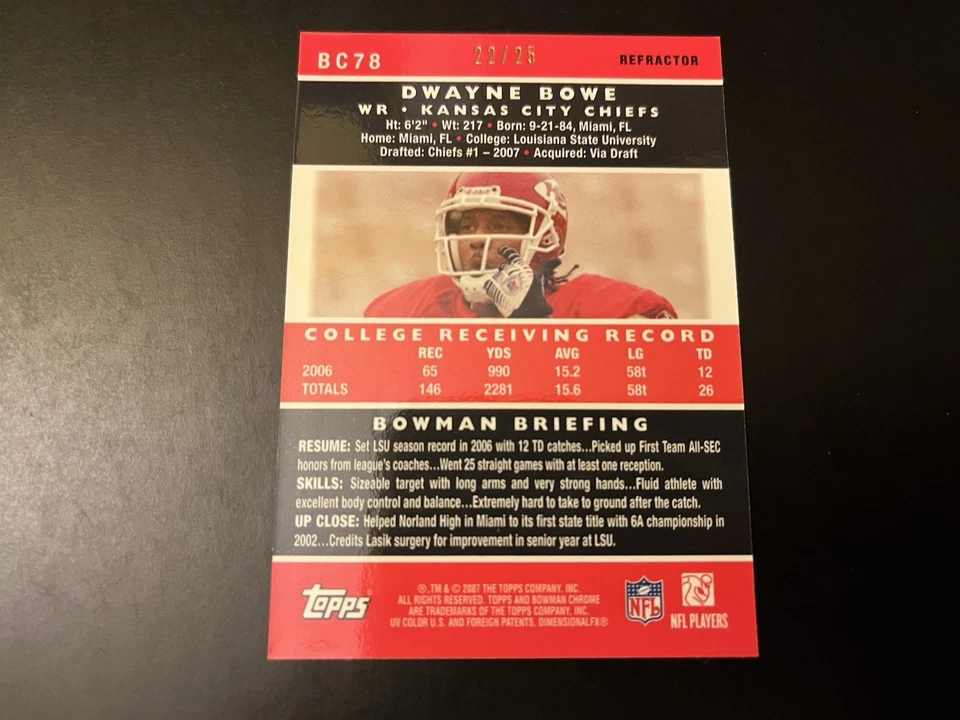 2007 Bowman Chrome Orange Refractor #BC78 Dwayne Bowe Rookie RC 22/25 Chiefs - Image 2 of 2