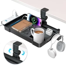 KDD under Desk Organizer - 360° Rotating Clamp-On Tray with Headphone Hook, Phon