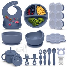 Silicone Baby Feeding Set 16PCS Blue All in One Solid Feeder for Babies