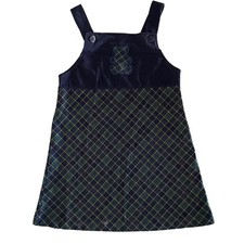 Vintage 90s 00s Plaid Blue Green Tartan Girls Jumper Overall Dress Size 6X