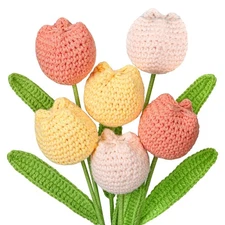 6Pcs Crochet Flowers Faux Tulips Completed Handmade Knitted Tulip Bouquet Pla...
