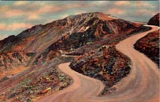Switchbacks, Auto Highway near top of PIKES PEAK, Colorado Linen Postcard