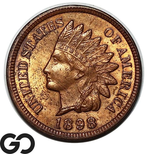 1898 Indian Head Cent Penny, 4-Full Diamonds, RB Choice BU++