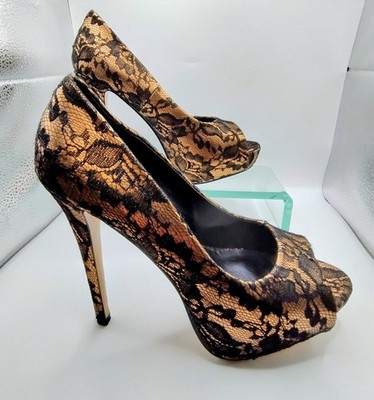 Truffle Collection Peeptoe Damenschuhe kupferfarben mit schwarzer Spitze UK 7