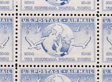 US SCOTT C43 SHEET OF 50 AIR MAIL POSTAL STAMPS 15c 1949  POSTAL UNION VF