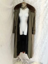 VTG Womans M OLIVE Green LONG Maxi Trench Coat GENUINE FUR LINING  Collar ITALY