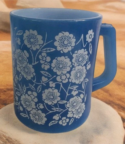 1950's Vintage Federal Glass Calico D Handle Mug / Cup Blue & White Floral