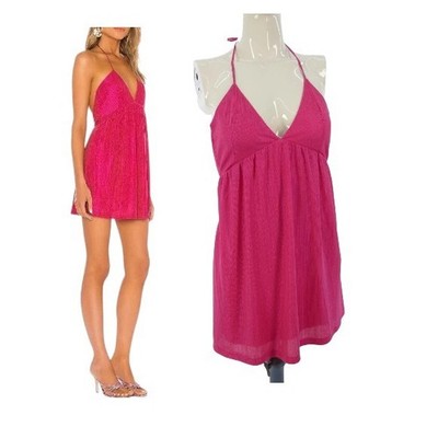 Superdown Minikleid Margo Hot Pink Neckholder glänzend strukturiert rückenfrei Gr. XS