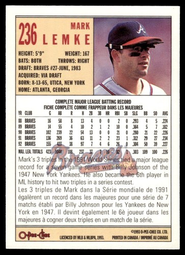 1993 O-Pee-Chee Mark Lemke Atlanta Braves #236 - Picture 2 of 2