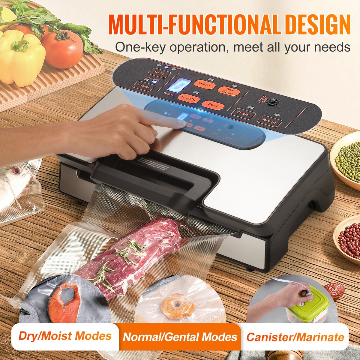 Mesliese Vacuümmachine, 90 kPa, compact 6-in-1 vacuümsysteem voor levensmiddelen, met cutter, 2 zakrollen, 5 voorgesneden zakken, droog- en natte modi, donkergrijs