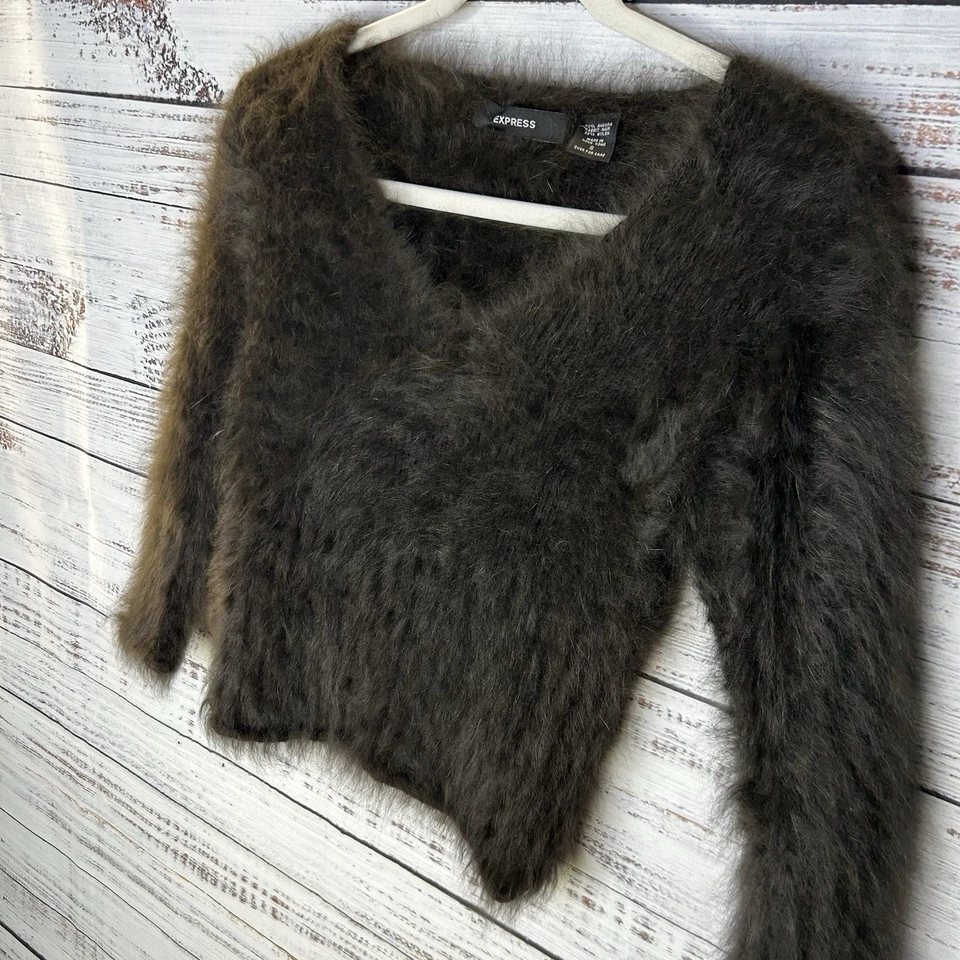 Pulôver de cabelo de coelho vintage Express angorá gola V suéter ajuste bebê feminino pequeno - Imagem 2 de 4