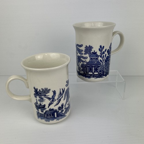 Pair Churchill Vintage Ceramic Mugs Blue Willow England Chinoiserie Bluebirds