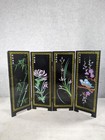 Vintage Asian Style Ebonized Chinoiserie Four-Panel Mini Screen Floral & Birds