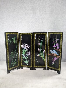 Vintage Asian Style Ebonized Chinoiserie Four-Panel Mini Screen Floral & Birds