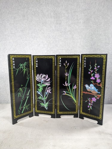 Vintage Asian Style Ebonized Chinoiserie Four Panel Mini Screen Floral & Birds